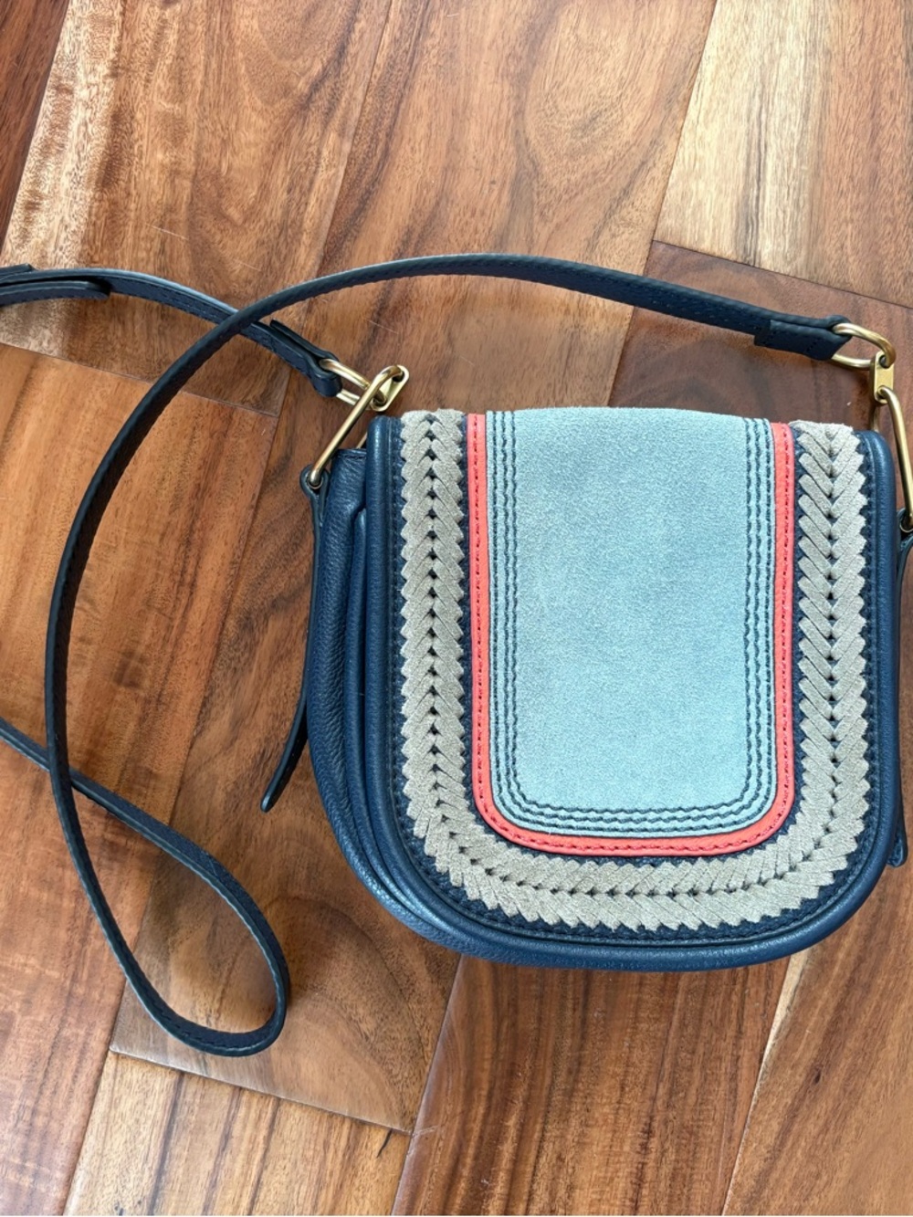 Fossil Rumi Navy Leather Crossbody Light Blue Suede & Coral Trim Brass Details